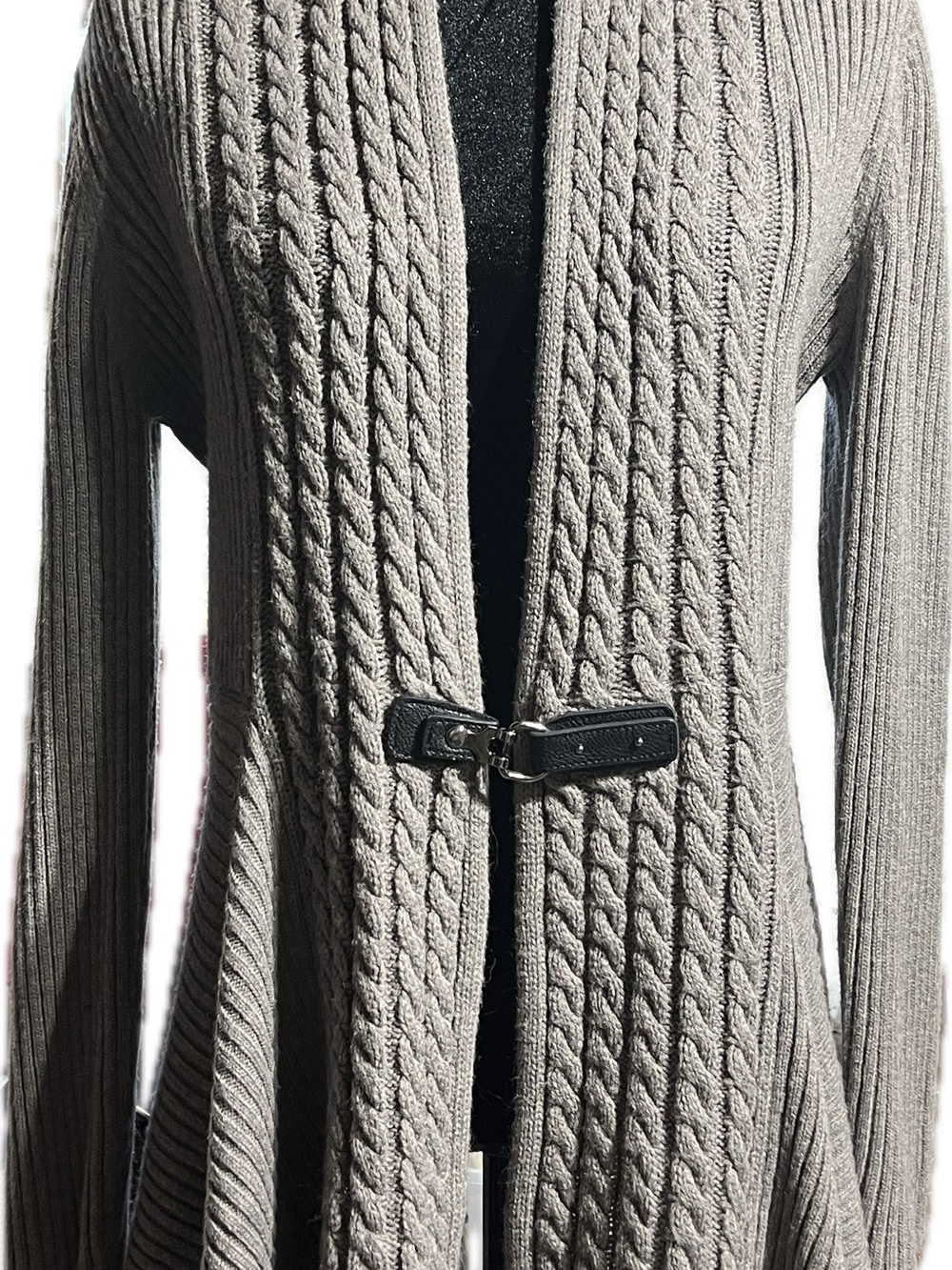 Women’s Cable Knit Long Cardigan Sweater with faux leather belt- Taupe